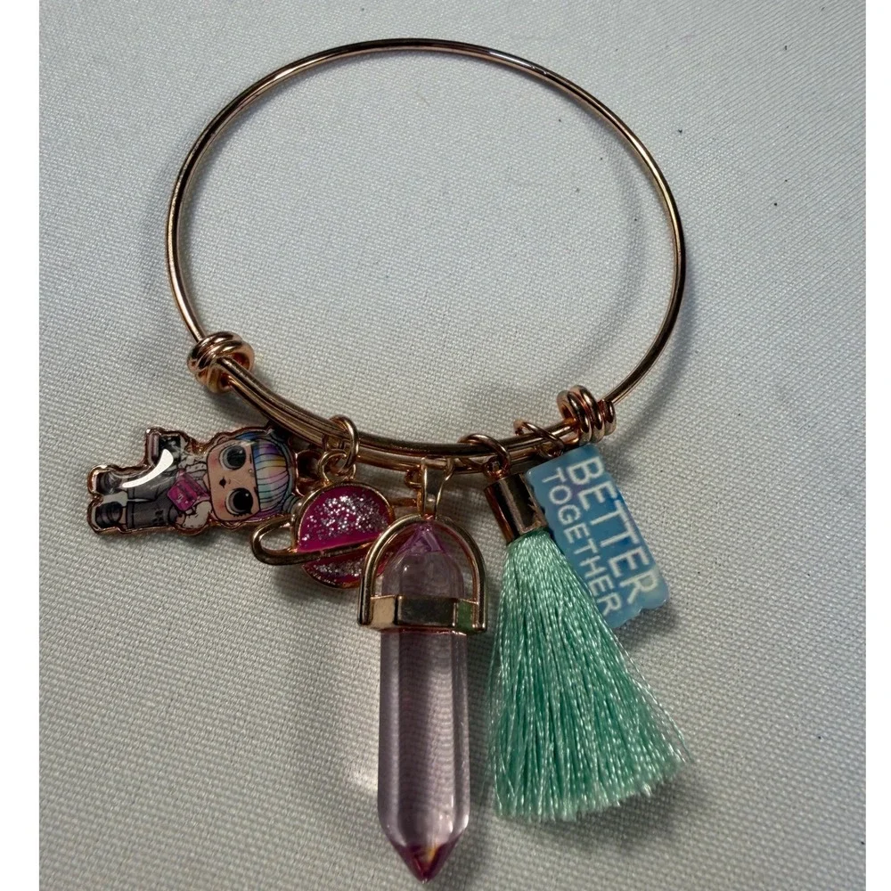 LOL Surprise‎ Rose Gold Tone Charm Bangle Planet Tassel Crystal Point